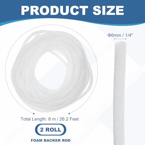 Image of PATIKIL 1 /4 Inch x 26 Feet Backer Rod for Gaps and Joints, 2 Roll Foam Rope Caulk Crack Joint Filler Roll Seal Weather Strip for Home Construction Car, White