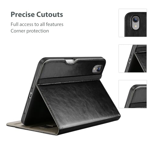 ProCase iPad Mini A17 Pro 第7世代 (2024発売) Mini6 第6世代 (2021発売) 専用 ケース ペンホルダー付き PUカバー スタンド機能 ビンテージデザイン 書類やカード用ポケット付き - ブラック