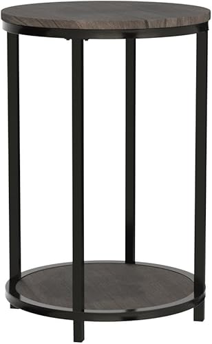 Miniatura 29 de NSdirect Juego de 2 mesas auxiliares redondas de madera rústica de 16 pulgadas con superficie superior y patas de metal resistentes para sala de