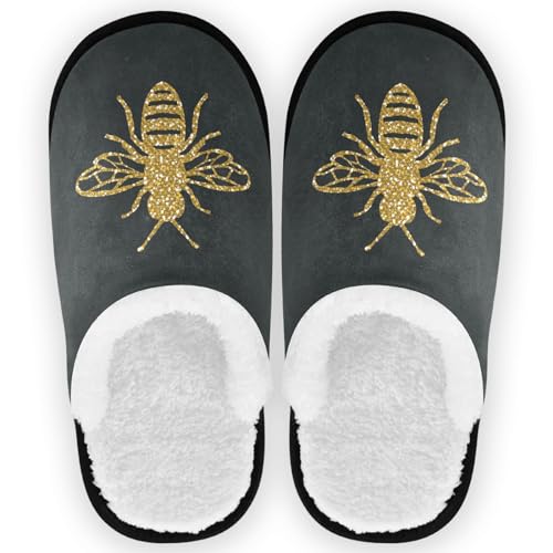 Gredecor Spa Slippers Golden Glitter Honey Bee Home House Slipper Memory Foam Non Slip Shoes for Men Women, 9-12