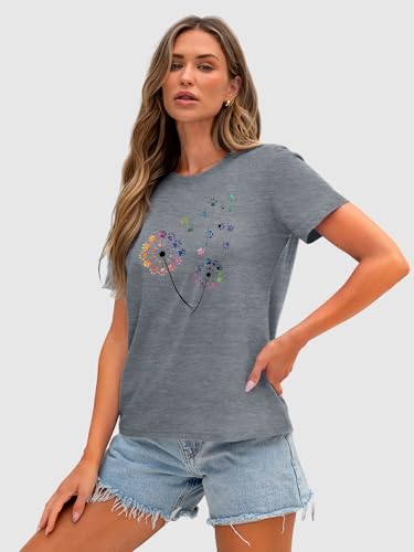 Image of Anbech Womens Dandelion Graphic T-Shirts Teen Girls Cute Sunflower Print Casual Tee Tops