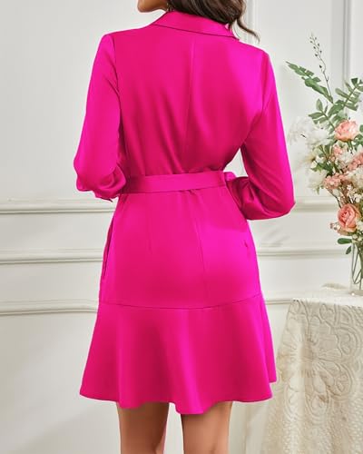 Image of Women's Long Sleeve Button Up Midi Belt Shift Collar Dress with Pockets for Work Office Business