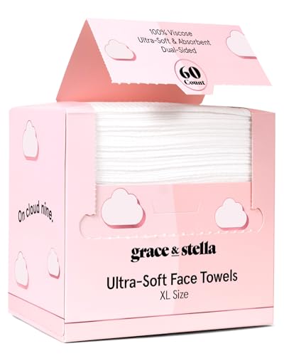 grace & stella Disposable Face Towels - Ultra-Soft & Absorbent Face Wipes - XL Facial Towels for Cleansing & Makeup Removal - Thick Towelettes - Lint-Free Facial Tissue - Vegan, Plant-Based (60 Count)