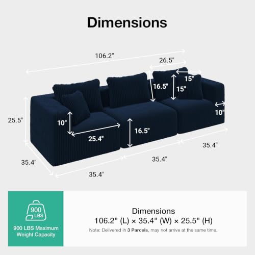 Image of Novilla 106 inch Modular Sectional Sofa, Deep Seat Modern Cloud Sectional Couch with Smarts Coil Support, Boneless Sectional Couch for Living Room Apartment, No Assembly Required, Blue