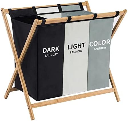 Large Laundry Hamper Sorter 3 Section,143L Waterproof Laundry Hamper Basket with 3 Compartments,Triple Divided Laundry Organizer with Sturdy Bamboo Frame for Dirty Clothes in Home,(White+Grey+Black)