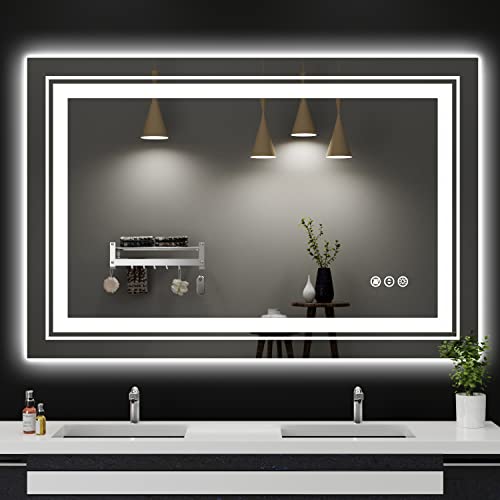 LED Bathroom Mirror, 48"X32" with Front and Backlit, Anti-Fog, Large Bathroom Vanity Mirror for Wall, Memory Function, Stepless Dimmable, Tempered Glass (Horizontal/Vertical)