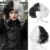 shecool Cruella Deville Costume Women Wig Black and White Short Curly Wig with Bangs for Halloween...