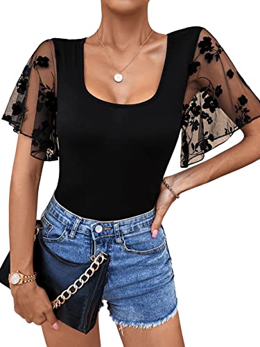 GORGLITTER Elegant Body Damen Bodysuit Meshärmel Sommershirt Mesh-oberteil...