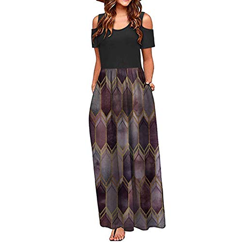 Weiheng T-Shirt Maxi Dress for Women Casual Summer Cold Shoulder Floral Prints Long Dress with Pockets for Beach Party
