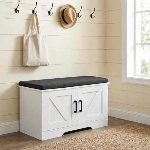 Image of HOMSHO Farmhouse Shoe Storage Bench with 2 Barn Doors & Padded Seat Cushion | 27.6 inch Wide Entryway Bench with Adjustable Shelves & Hidden Storage, White