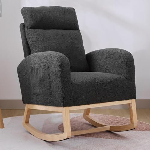 Image of Krinana Nursery Rocking Chair with Solid Wood Legs, Glider Chair for Nursery with Side Pocket, Rocker Armchair for Living Room Bedroom (Dark Drey, Teddy Fabric)