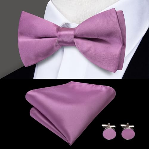 Image of Hi-Tie Light Purple Suspender Bowtie for Men Adjustable Y-Shape 6 Clips Trouser Braces Pre-Tied Bow Tie with Handkerchief Cufflinks