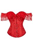 YMING Women Off Shoulder Short Sleeve Lace Floral Corset Satin Renaissance Waist Chincher Boned Bustier Push Up Shaperwear Red M