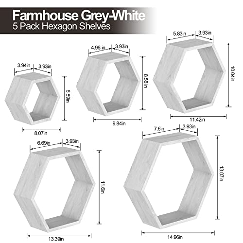 Hexagon Shelves Farmhouse Honeycomb Floating Shelves Set Of 5 Wood Storage Shelf For Plants Display Wall Hanging Shelves Modern Honeycomb Racks Sets For Living Room Bedroon Office, Grey-White #TOP2