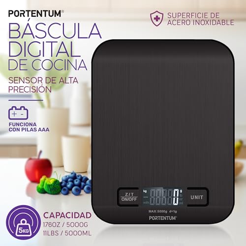 PORTENTUM Peso de Cocina con Pantalla LCD, Acero Inoxidable, Balanza cocina precisa de 1 gramo a 5 kg/11 lbs, Negro - imagen 2