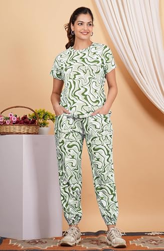 Image of Women Printed T-Shirt and Track Pant Set | Cotton Co-Ord Night Suit for Women | Lounge Wear, Sleepwear, Gym Wear | Half Sleeve Top & Elastic Waist Joggers | Stylish