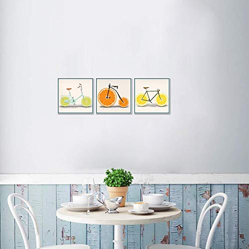 Artbones Lemon Bike Bicycle Picture Canvas Wall Art Kitchen Orange Fruit Food Pictures Wall Painting Stretched Framed Giclee Art Print Restaurant Home Dining Room Wall Decoration 12"X12"X 3 Panels #TOP4