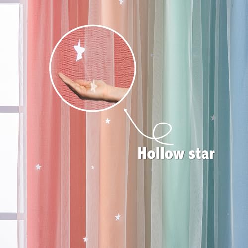 Image of Anytime Double Layer Dreamy Star Blackout Curtain 1 Panel W52 x L72,Rainbow | Princess Style Window Drapes for Kids Room Elegant Decor for Daughter Bedroom Living Room Soft Fabric Design