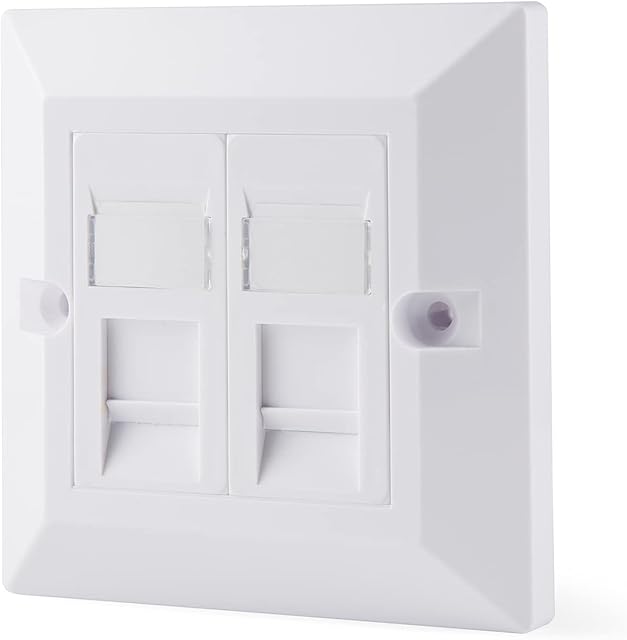 rhinocables Ethernet Faceplate Single 1-Port/Double 2-Way/Quad 4-Way RJ45 Socket Wall Plate for Ethernet Cable Networking Socket Box (Double 2-Port, CAT6)