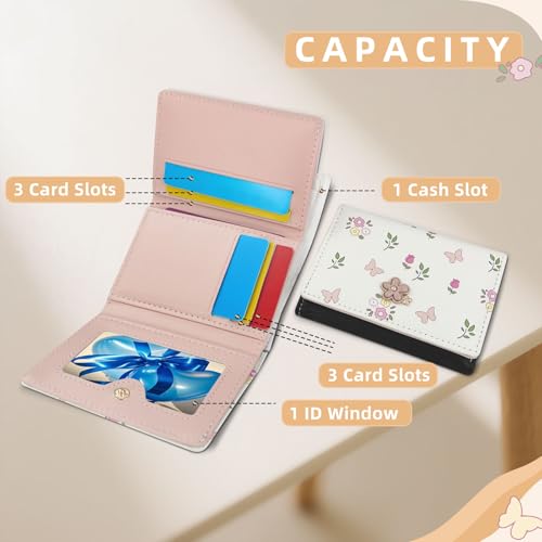 Cute Card Holder Wallet, Flower Button & Butterflies Print Card Wallets for Women, Elegant Youthful PU Short Women's Wallet with ID Window for Travel, Shopping (pink)4