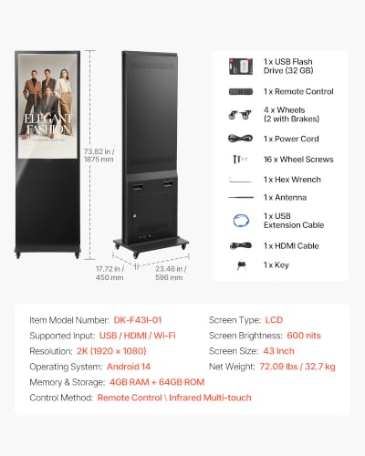 Image of VEVOR 43 in Indoor Digital Signage Floor Standing Advertising Display Kiosk, WiFi HDMI /USB Input Android OS, 178 Wide View, LCD Touchscreen Interactive Monitor, Mobile Commercial Totem Poster