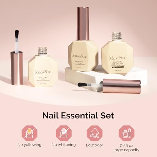 Image of MelodySusie Top Coat Nail Glue Base Coat No Wipe Glossy Set Long Lasting Shine Finish Soak Off UV LED Nail Lamp Nail Art Design Manicure Kit Perfect Gifts for Women Girls 3 Pcs 15ml Clear