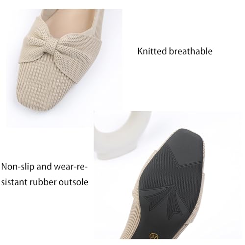 Women'S Knitted Bowknot Chunky Heel Slingback Pumps With Adjust Ankle Strap Fashionable Square Toe Anti-Slipper Heel Mule Sandals For Party, Date4