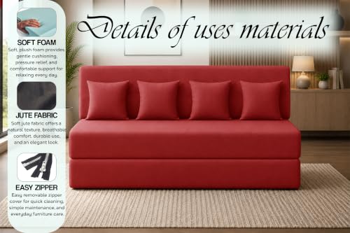 Image of Sofa Cum Bed with Jute Fabric, Convertible Four Seater Sofa Bed 6x6 Ft, Comfortable Cushioned Seating, Space Saving Design for Living Room, Bedroom & Guest Room - Red Color