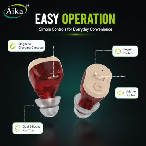 Image of Aika Rechargeable Digital Hearing Aid for Adults & Seniors | Invisible Mini CIC Hearing Amplifier | Noise Reduction | Magnetic Charging Case | 42 Hours Battery Backup | Volume Control | Comfortable In-Ear Design (1 Year Warranty)