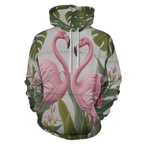 Pull décontracté crewneck feuilles de monstera et flamingo avec poches