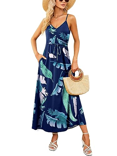 Image of HUSKARY Womens Summer Sleeveless V Neck Spaghetti Strap Pockets Beach Boho Vacation Casual Spring Maxi Dress