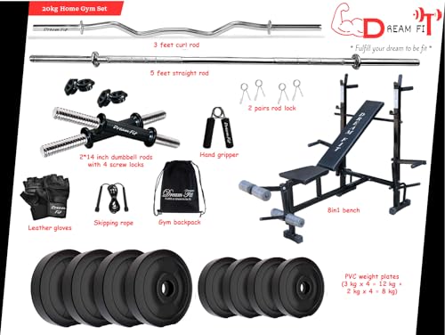 Image of DREAM FIT PVC Home Gym Set - 20 Kg with 8in1 Gym Bench, 3 ft Curling Rod, 5 ft Straight Rod, 1 Pair Dumbbell rods and Gym Accessories (20kg)