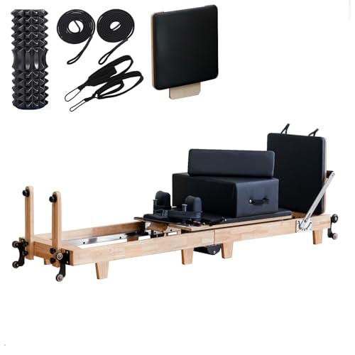 LVYWEX Reformer Pilates Machine,Pilates Reformer Machine for Home Use Foldable Design with Adjustable Resistance Wood Frame Includes Yoga Roller(Black)