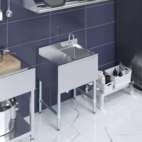 Image of AmGood One Compartment Stainless Steel Under bar Sink (Sink Size: 24 inchx19 inch, Single Bowl + 12 inch Left Drainboard)