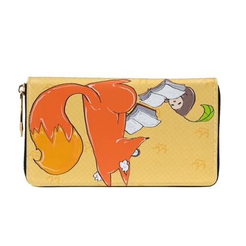 Leather Women Wallets, Long Credit Card Holder, Sunflower seeds and foxes Print Billfold Clutch & Travel Purse Large Capacity2