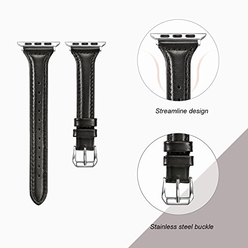 Secbolt Leather Compatible With Apple Watch Band 42Mm 44Mm 45Mm Iwatch Se Series 8 7 6 5 4 3 2 1 Slim Replacement Retro Wristband Strap Iwatch Stainless Steel Buckle, Black #TOP3
