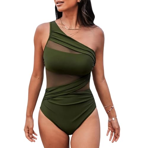 Maillot de bain asymétrique une pièce vert olive en maille haut de gamme