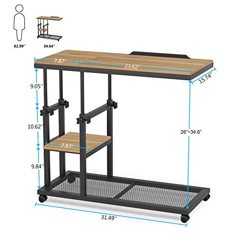 Tribesigns Height Adjustable C Table With Wheels, Mobile Couch Snack Side Table With Tiltable Drawing Board, Sofa Bedside Laptop Stand C Shaped Tv Tray With Storage Shelves (Black+Oak) #TOP4
