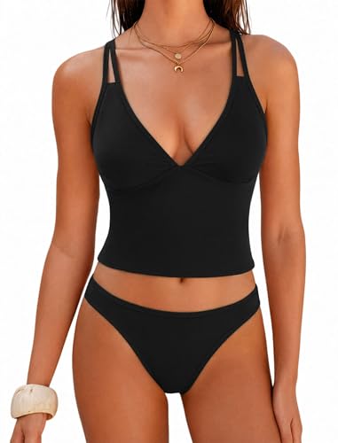 Image of ZAFUL Tankini Swimsuits for Women V Neck Dual Straps Cropped Bikini Swimsuit High Cut 2 Pieces Bathing Suit