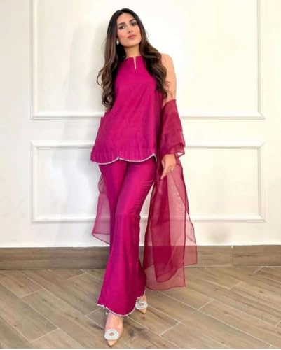 Image of Pearl Embroidered Solid Kurta Palazzo Set|Indo Western Party Outfit with Organza Net Dupatta|Sleeveless Kurti for Women