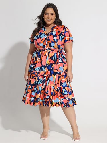 Image of CARCOS Plus Size Dresses for Curvy Women Collared Vneck Short Sleeve Dresses Midi Summer Ruffle Dress with Pocket XL-5XL
