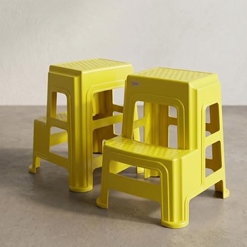 Image of Oaknest Supreme Multipurpose Plastic 2-Step Stool for Kids & Adults - Anti-Slip Lightweight Stepping Stool for Kitchen, Bathroom & Home - Yellow, 2 Piece