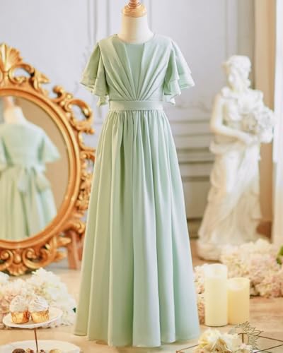 Ruffle Sleeves Junior Bridesmaid Dresses for Girls Ruched Long Formal Wedding Guest Dress with Bow Belt3