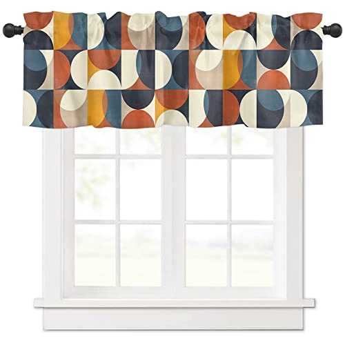 Kitchen Valance For Windows Nordic Style Abstract Geometric Texture Retro Blue And Orange Valance Curtains Semi Sheer Rod Pocket Short Curtain Panel For Living Room Bathroom Bedroom, 54"X18" #TOP6