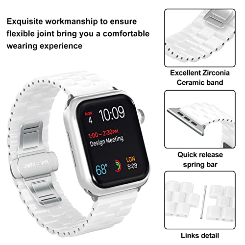 Aottom Compatible For Apple Watch Bands 42Mm Ceramic Iwatch Series 4 Band 44Mm Stainless Steel Smart Watch Replacement Band Butterfly Buckle Women Men For 45Mm Apple Watch Series 7 6 5 4 3 2 1 - White #TOP1