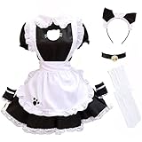 GRAJTCIN Womens Anime French Maid Cosplay Outfit Lolita Dress Cat Ear Halloween Costume with Apron Socks(Medium,Black 02)