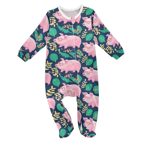 Wusikd Cartoon Pigs One-Piece Footies Pink Bodysuit Rompers Zipper for Boys Girls 3M