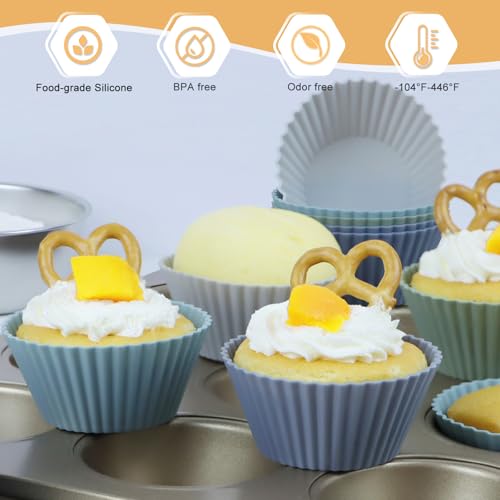 Image of 24Pack Silicone Muffin Cups, Reusable Cupcake Liners Molds for Baking, 3 Shapes Lunch Box Bento Dividers-Round, Square, and Rectangular (Grey Series, Regular Size)