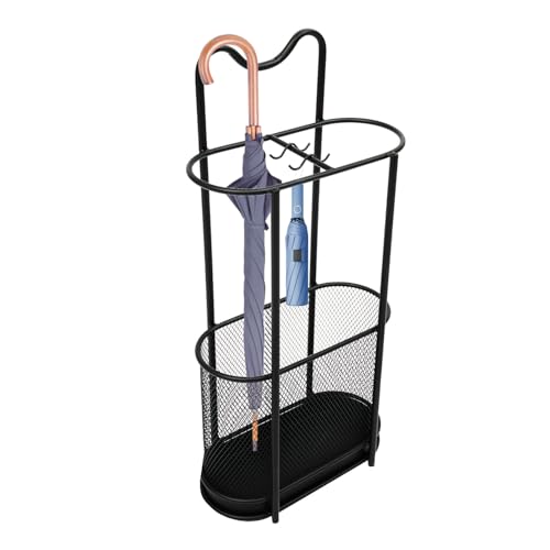 Duoruameng Porte-parapluie, sur pied, en métal, moderne, avec crochet et bac d'égouttement, pour parapluies, canne, 30 x 15 x 60 cm, noir