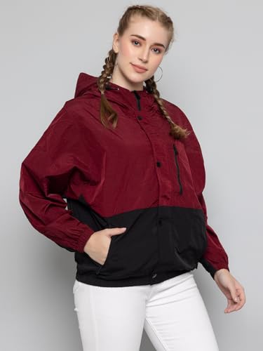 Image of CHKOKKO Womens Stylish Oversized Windcheater Jacket with Zip Closure Lightweight Sportswear for Running Travel Hiking Outdoor and Rainy Season Wear WineBlack S